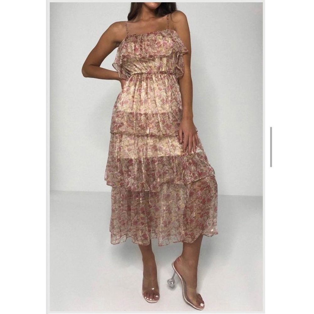 Missguided Blush Floral Print Tiered Midi Dress